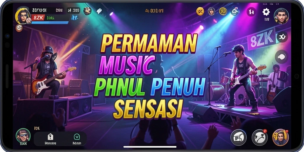 Tampilan gameplay interaktif 8ZK dengan karakter bermain musik.