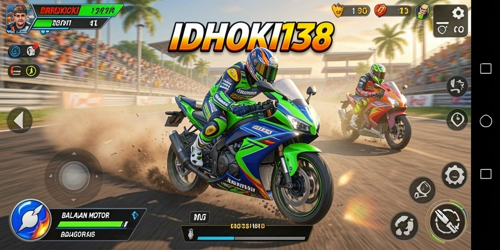 Tampilan gameplay seru di IDRHOKI138 saat balapan motor.