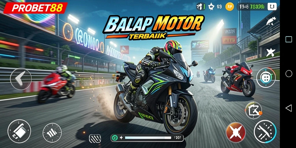 Tampilan gameplay seru di PROBET88 dengan balapan motor yang mendebarkan.